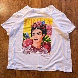 Frida Kahlo graphic t-shirt with a bold pink and yellow design